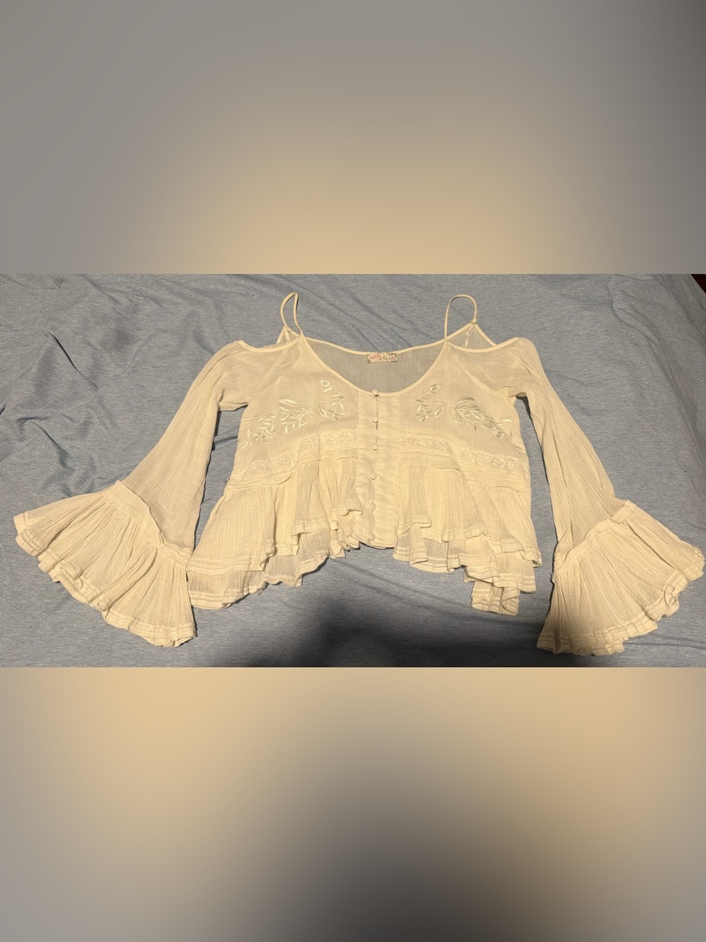 Free People Cream Embroidered Ruffle Top